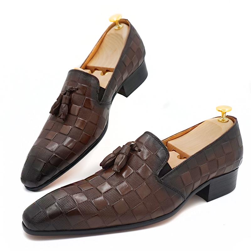 Italian leather men's dress shoes casual shoes black brown plaid print non-slip wedding office tassel loafers men's shoes