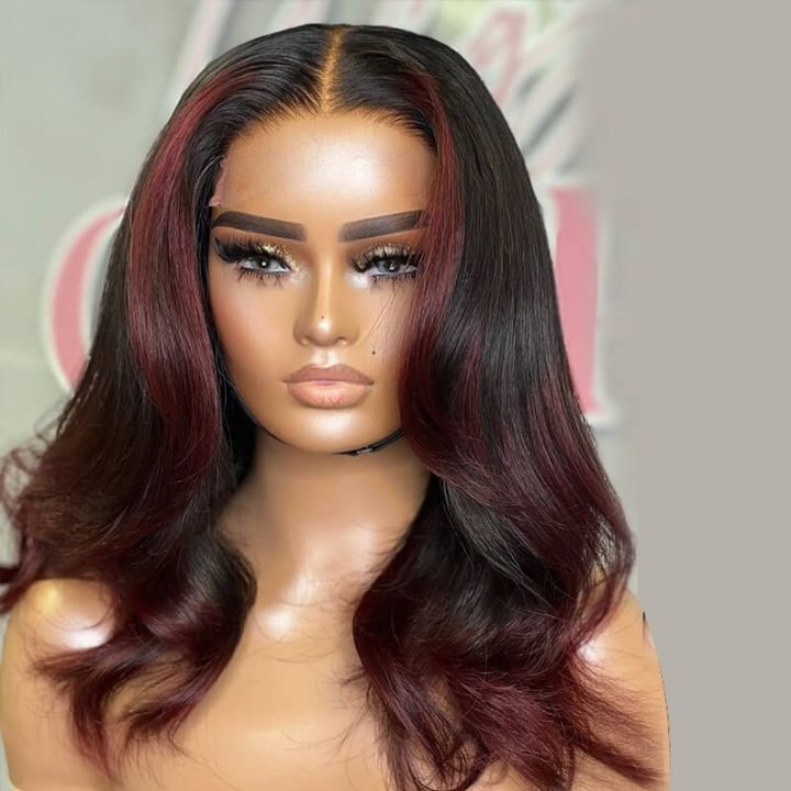 Burgundy And Black Mixed Layered Wavy 5x5 Lace Closure Wig